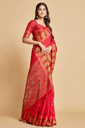 Red Chanderi Cotton Saree-Red