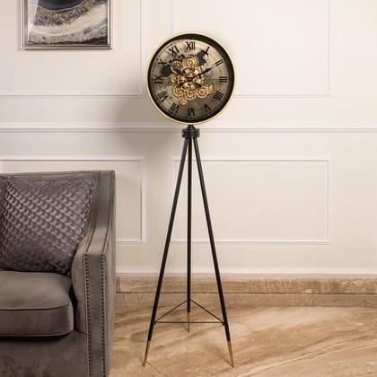 Phantom Dial Tripod Base Luxury Designer Standing Clock With Moving Gear Mechanism - Black (Steel Body)-Available / Steel & Glass / Height - 61 Inches & Width - 16 inches
