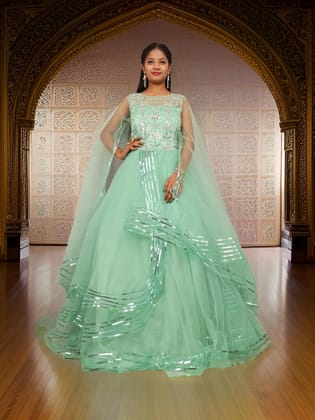 Gown with Cut Dana & Beads by Shreekama-Pista Green / Free Size