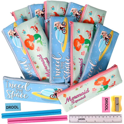 Pack of 12 Space and Mermaid Soft Pencil Storage Case Pouch with Stationery | Kids School Supply Organizer Students Stationery Pouch for Girls | Sea Green and Sky Blue, Return Gift Birthday Party