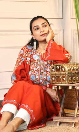 Crimson Red Aari Embroidered Fine Cashmilon Pheran-FREE SIZE