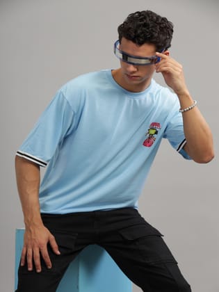 Gritstones Men Sky Blue Oversized Brain Wash Print Tapping T-Shirt