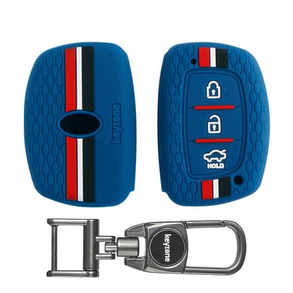 Keyzone Striped Silicone Key Cover & Metal Alloy Key Holder Compatible for Hyundai i20 Creta Exter Grand i10 Xcent Verna 4s Tucson Elantra 3 button Smart Key (KZS-05, MAH)-Blue