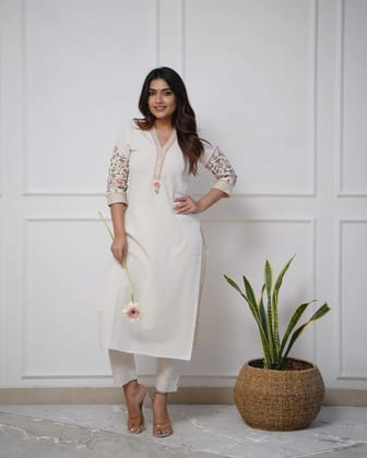 Heavy cotton exquisite sequence & thread embroidery work kurti set-M / White