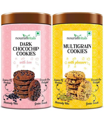 NourishVitals Dark Chocochip Cookies + Multigrain Cookies, Heavenly Bites, Source of Protein, Crunchy Delights, Genius Snack, 120g Each