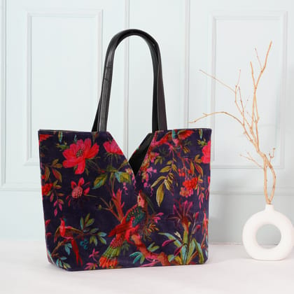 Birds of Paradise V Cut Velvet Hand Bag- Navy Blue