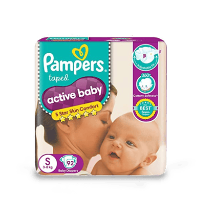 Pampers Active Baby Small Size Diapers, (S) 92 Count, 92 Unit Pouch