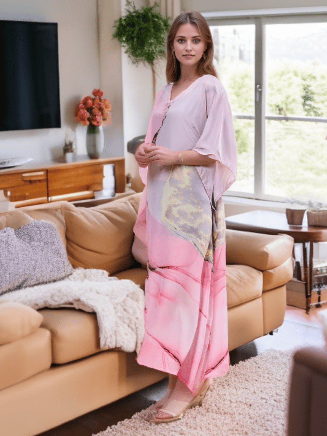Digital Printed Feather silk Fabric Kaftan Midi Dress-Free Size / Multi