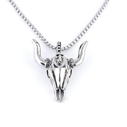 Yellow Chimes Silver Bull Head Skull Pendant Chain for Men, Boys. Stainless Steel. Birthday/Anniversary Gift for Husband.-Yellow Chimes Silver Bull Head Skull Pendant Chain for Men | Birthday & A