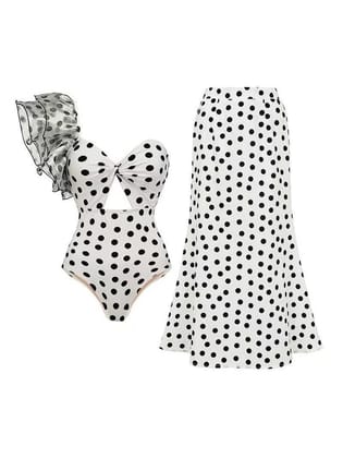 Polka Dot Ruffle One Shoulder Cutout Bodysuit & Skirt Swimsuit Set-Black & White / M