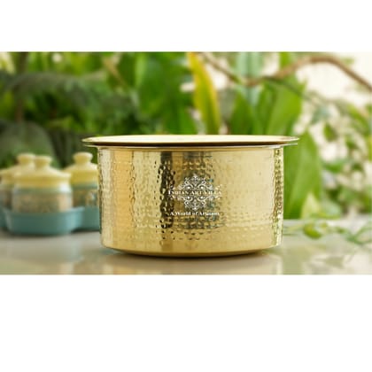 Indian Art Villa Pure Brass Bhagona/Patila with Lid, Inside Tin Lining, Hammered Design-3100ml
