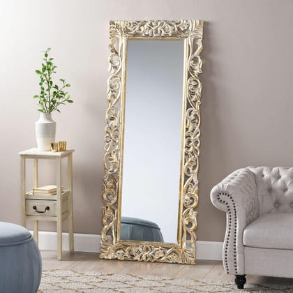 Wooden Twist Traditional Floral Design Mango Wood Hand Carved Decorative Wall Standing Frame ( Without Mirror )-White & Gold