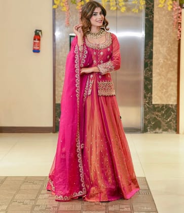 Pink Color Wedding Wear Designer Embroidered Ready to Wear Lehenga-M