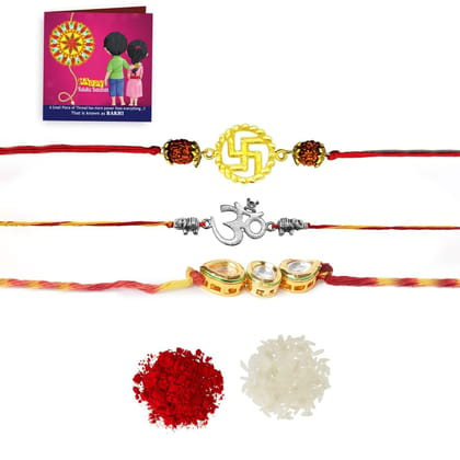 Yellow Chimes Rakhi Combo: 3 Gold & Silver Plated Kundan Rakhis with Roli Chawal & Greeting Card-Yellow Chimes Rakhi for Brother | Combo of 3 Rakhi Set for Brother | Traditional Gold and Silver P