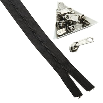 Black Nylon Sewing Zippers (2 Meters) Size 1.38 Inch No:5 / 35 MM and 10 Pieces Steel Zip Pulls Runners Fasteners For Making Bags-Zipper 2 Meters + Pullers 10 Pieces