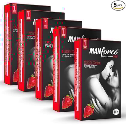 Manforce Condoms 3 in 1 Ribbed Contour Dotted Strawberry Flavoured Condoms - 10 Pcs x Pack of 5