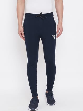 Men Navy Blue Solid Polyester Slim-fit Track Pants