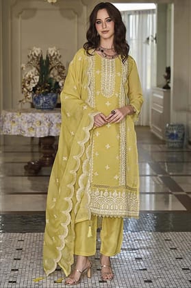 Yellow Embroidered Organza Suit-Mustard Yellow / XL