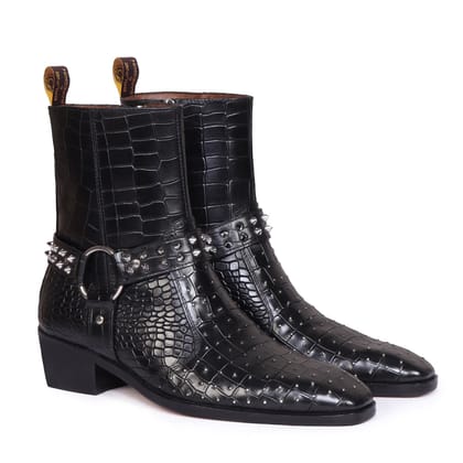 Black Deep Cut Leather Boots with Cuban Heel Metal Fleck & Silver Studded Buckle Strap By Brune & Bareskin-40/6