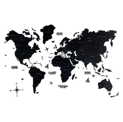 2D Colored Wooden World Map Obsidian Black Basic-XL