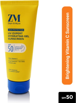 ZM Vitamin C UV Expert Hydrating Gel Sunscreen SPF 50 PA +++ For Bright & Glowing Skin | UV Protection | For Dull Skin | Non-Greasy, Quick-Absorbing | No White Cast | UVA UVB Sun Protection | Sunscreen For Women & Men - 100 g