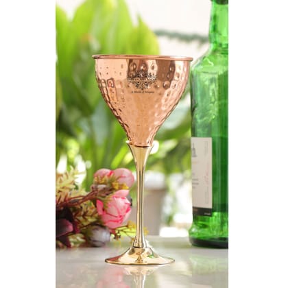 IndianArtVilla Pure Copper Hammered Design Wine Glass with Brass Stand-1