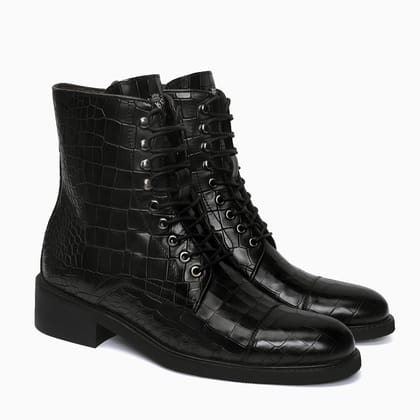 High Ankle Lace-Up Boot in Black Croco Textured Leather-40/6