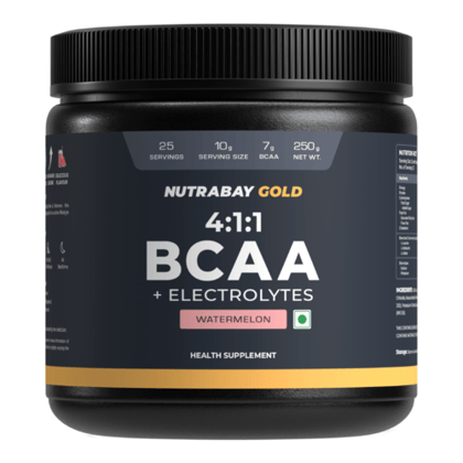 Nutrabay Gold BCAA 4:1:1 with Electrolytes - 7g Vegan BCAAs, 1000 mg Electrolytes - Intra/Post Workout Energy Drink - 300g Watermelon