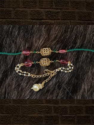 Gold bead with two ruby beads bhai bhabhi rakhi