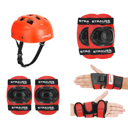 Strauss Protective Gear Set 4 Pieces for Skating, Cycling, Running. Safety Gear for Boys & Girls. Size: Senior, Color: Red.-Strauss All-in-One Protective Gear Set | 4 Pieces for Skating, Skateboa