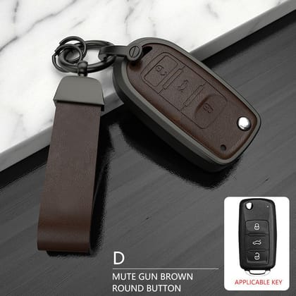 Volkswagen Old Flip Key Exclusive Aluminium Alloy Leather 2.0 Keycase with Holder & Rope Chain-Brown