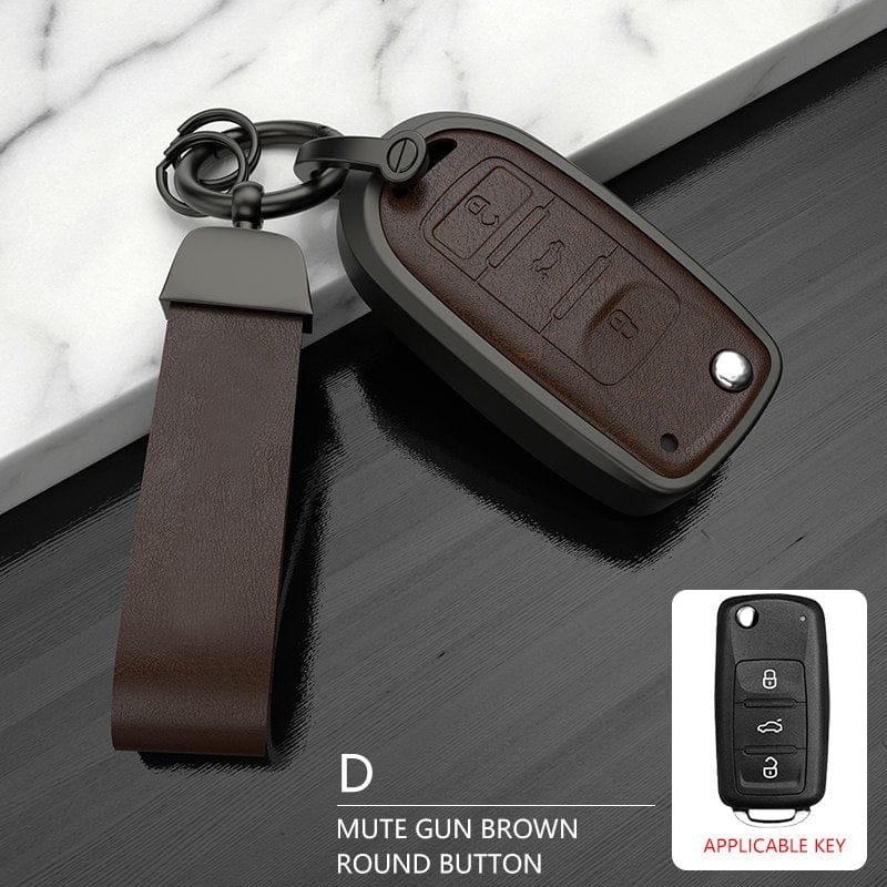 Volkswagen Old Flip Key Exclusive Aluminium Alloy Leather 2.0 Keycase with Holder & Rope Chain-Brown