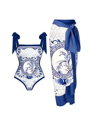 Floral Printed Swimsuit & Skirt Coord Set-Blue / M