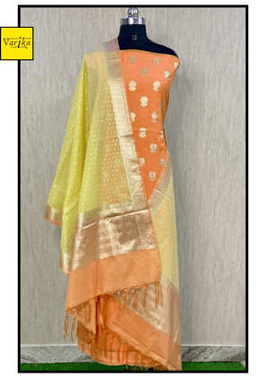 Pure Banarasi Chanderi Silk Unstitched Suit with Ombre Dupatta-Orange Yellow