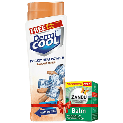 Dermi Cool Prickly Heat Powder Radiant Sandal, 150G (Get Zandu Balm Free)