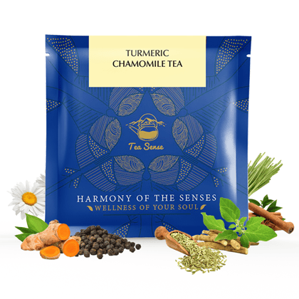 TEA SENSE Turmeric Chamomile Tea | 15 Pc Pyramid Tea Bags | Healthy Blend with Ashwagandha | Caffeine Free | Soothing and Nourishing