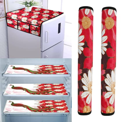 WISHLAND Single Door Fridge Cover Combo Set pf 1 Fridge Top Cover + 2 Fridge Handle Cover + 3 Multipurpose Fridge Mats (Red)