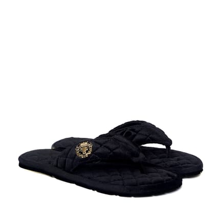 Women V-Strap Black Full Quilted Soft Italian Velvet Slippers By Brune & Bareskin-36/3