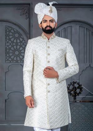 White And Golden Designer Sherwani for Groom-S