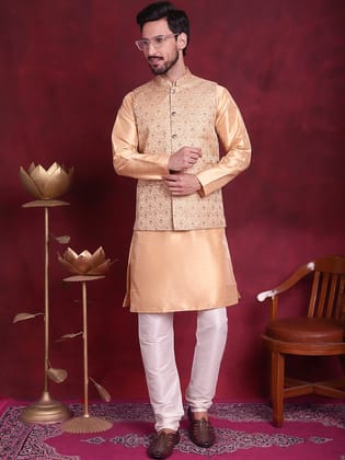 Woven Design Nehru Jacket With Kurta Pyjama Set-S / Cream