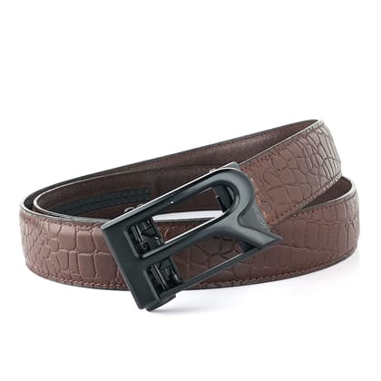 Hemener Men R Letter Metal Auto Grip Buckle Brown Croc Pattern Genuine Leather Belt-28