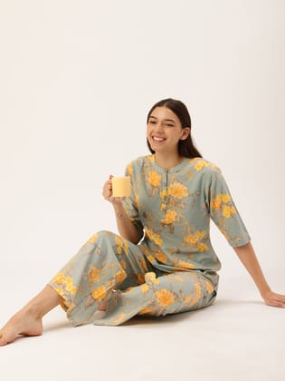Floral Printed Blue Kurta & Palazzo-M