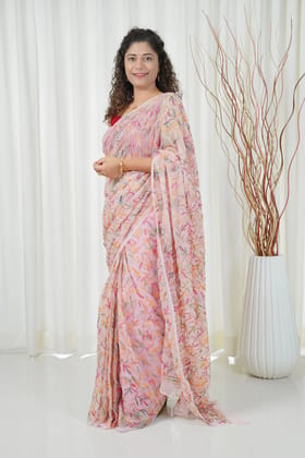 Multi Color Thread Tepchi Work Chikankaari Saree-Pale Pink