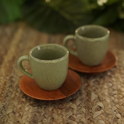 DHERA GREEN TEA CUPS SET of 2 with SAUCERS-BROWN & GREEN / TEXTURED HAND CAST CERAMIC | WOOD / 2 CUPS 2 SAUCER