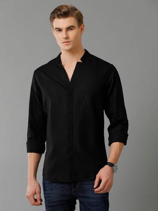 Aldeno Mens Regular Fit Solid Black Casual Linen Blend Shirt (LATEN)-XXL