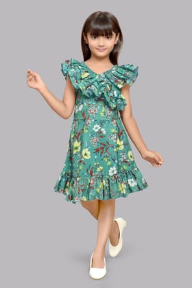 Green Ruffle V Neck Floral Dress-5-6 Y / Green