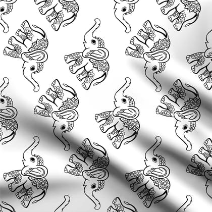 Cute black line art elephants Print Fabric-Pashmina
