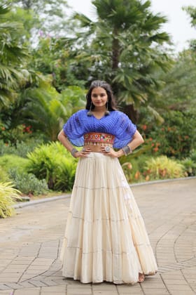 Navratri Special Cotton With Standard Frill Stitching Blue Top And Cream Color Lehenga Choli