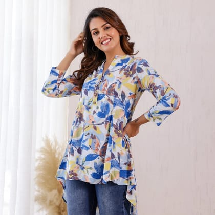 White and blue floral printed Rayon Tunic-XS