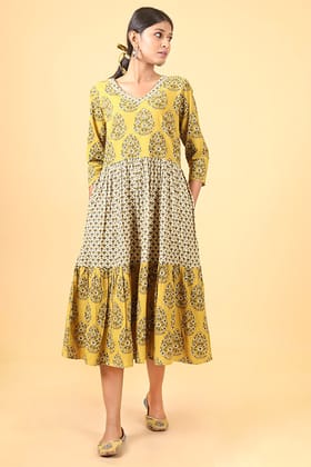 Shuddhi Beige and canarry yellow Handblock Printed long Dress-XL